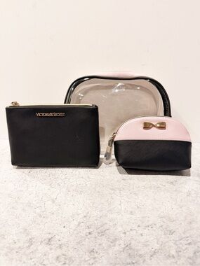 NWT Victoria’s Secret 3 piece Cosmetic Bag Set Pink Black Clear